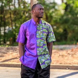 Purple Green African Print Shirt, Button Down/Big & Tall Men size M/L Chest 46"x33".