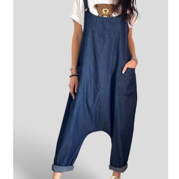 Italian Ladies Plain Denim Lagenlook Dungaree.