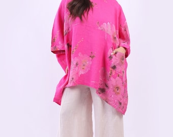 Italian Floral Print Linen Lagenlook Slouchy Top