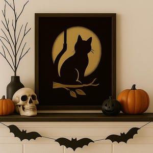 Black Cat Moon Art Print – Halloween Wall Decor, Witchy Cat Silhouette Poster, Dark Cottagecore Artwork, Spooky Fall Home Decoration