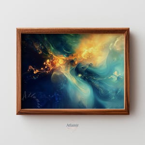 May include: Abstract art print in a wooden frame. The artwork features a swirling design with shades of blue, teal, and gold. The word "Atlamir" is written in cursive in the lower left corner. The artwork is a vibrant and colorful piece.