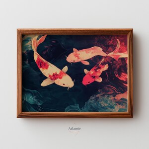 May include: A framed art print featuring three koi fish in shades of red, white, and cream, swimming in a dark blue and teal water background. The artwork is signed "Atlamir" in the bottom left corner.