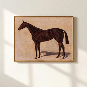 Cuadro de caballo marrón para pared, pintura ecuestre vintage, lámina deportiva rústica de granja, decoración cálida en tonos tierra para colocar sobre la chimenea, descarga digital.