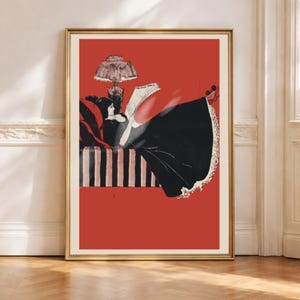 Reclining Woman Reading Newspaper Portrait, Red Art Nouveau Print, Female Figure Academia Wall Art, Literary Glam Decor, Digital Download