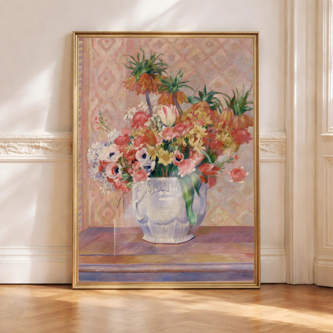 Pink Flowers in Vase Still Life, Vintage Floral Oil Painting, Romantic ...