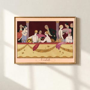 May include: A framed art print featuring an Art Deco illustration of a social gathering. The artwork depicts figures in elegant attire, with a decorative banner and the word "Evenails" at the bottom. The color palette includes shades of pink, gold, and red.