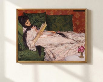 Relaxed Woman Lying on Green Sofa Print, Vintage Reclining on Couch Painting, Reading Nook Wall Art, Gift for Book Lovers, Digital Download