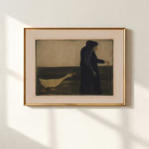 May include: Framed artwork featuring a person in a long dark coat with a cane, walking near a white goose. The artwork has a muted color palette with a gold frame. The style is reminiscent of a vintage illustration.