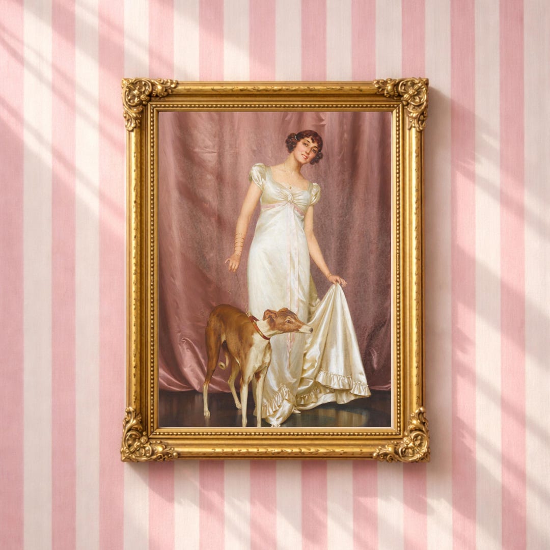 Woman and Dog Vintage Portrait, Pink Romantic Feminine Figurative Art ...