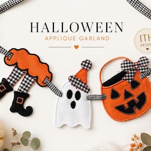 May include: A Halloween applique garland featuring a black and white gingham ribbon connecting three felt shapes: orange legs with black boots, a white ghost wearing a gingham hat, and an orange pumpkin bucket with a black face and gingham bow.