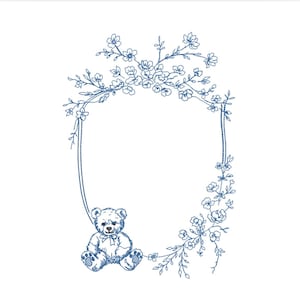 Toile Teddy Bear Embroidery Design, Baby Crest Frame (Digital File)