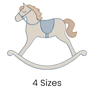 May include: An embroidered design of a rocking horse in tan, light blue, and brown. The horse has a light blue saddle and a brown mane and tail. The text "4 Sizes" is below the horse.