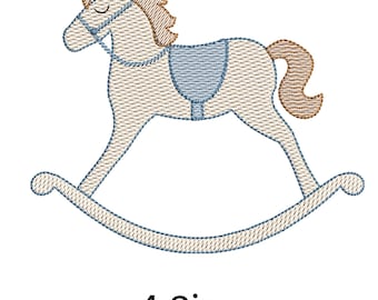 Diseño de bordado de caballo balancín: bordado a máquina para guardería, puntada rápida con relleno de boceto, 4 tamaños