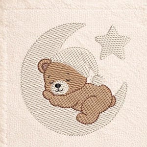 Disegno per ricamo a schizzo di un orsetto lunare addormentato, per la cameretta dei bambini, punto veloce