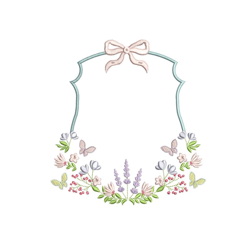 May include: An embroidered floral frame with a light blue border and a bow at the top. The frame is decorated with flowers, butterflies, and berries in shades of pink, purple, and green.