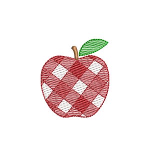 May include: An embroidered apple design featuring a red and white gingham checkered pattern. The apple has a brown stem and a single green leaf with visible stitch detailing, creating a textured appearance on a plain white background.