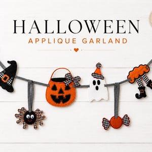 May include: A Halloween applique garland featuring felt shapes including a black witch hat, a spider, an orange jack-o'-lantern bucket, a white ghost, a piece of candy, and orange legs with black boots, all suspended from a black and white gingham ribbon.
