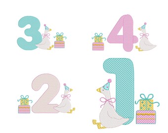 Silly Goose Birthday Embroidery Designs: Numbers 1-4 (Machine Embroidery Files)