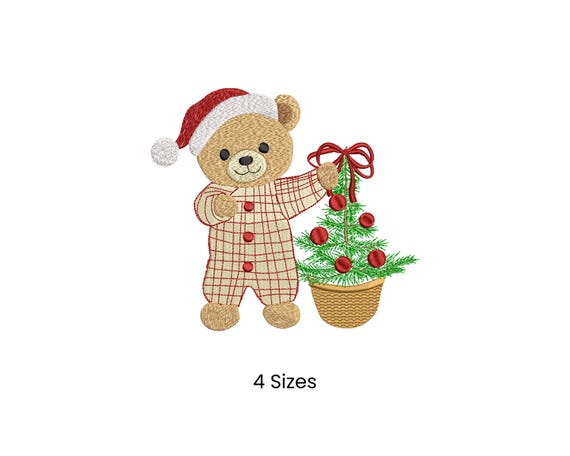 Christmas Bear Embroidery Design – Holiday Teddy with Tree (Digital Download)
