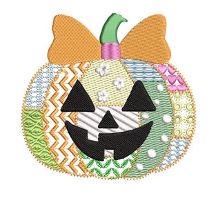 May include: Embroidered pumpkin design with a patchwork pattern. The pumpkin features a smiling jack-o'-lantern face with black triangles for eyes and a curved mouth. It has an orange bow and green stem. The design is perfect for Halloween.