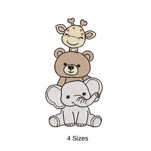 Woodland Baby Animals Sketch Embroidery Design, Stacked Elephant Bear Giraffe (4 Sizes)