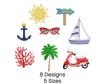 Nautische Sommer-Stickerei-Designs Bündel | 8 Beach Icons (5-15cm)