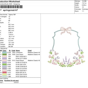 May include: An embroidery design worksheet with the text "springcrest-h7". The design features a decorative frame with a bow at the top, butterflies, and floral elements. The height is 7.01 inches and the width is 6.58 inches.