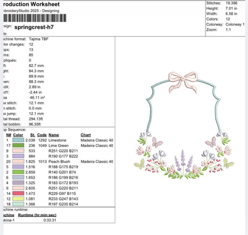 May include: An embroidery design worksheet with the text "springcrest-h7". The design features a decorative frame with a bow at the top, butterflies, and floral elements. The height is 7.01 inches and the width is 6.58 inches.