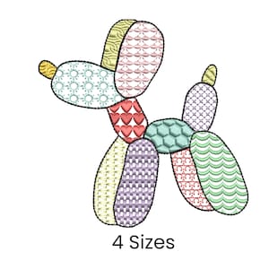 May include: An embroidered design of a balloon dog in various colours and patterns, including hearts, stars, and geometric shapes. The design is made up of several connected balloon shapes. The text "4 Sizes" is below the design.