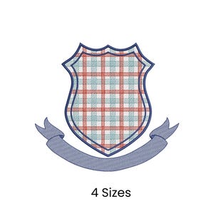 May include: A shield-shaped design with a plaid pattern in red and light blue, outlined in dark blue. A blue ribbon banner is below the shield. The text "4 Sizes" is at the bottom.