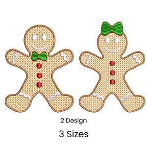 May include: Two embroidered gingerbread people with smiling faces, red button accents, and brown outlines. One has a green bow tie, the other a green bow. The text below reads "2 Design" and "3 Sizes".