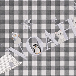 May include: A decorative design spelling "NOAH" with winter-themed characters. The letters are white and feature a snowman, penguin, fox, and polar bear. The background is a black and white checkered pattern with embroidered snowflakes.