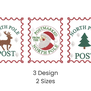 May include: Three Christmas-themed designs featuring postage stamps with a red and white scalloped border. The stamps include a reindeer, Santa Claus, and a Christmas tree, with the words "North Pole" and "Post".