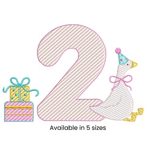 May include: An embroidered design featuring the number 2, a goose wearing a party hat and bow, and two stacked gift boxes. The design is in shades of pink, blue, yellow, and white. The text "Available in 5 sizes" is below the design.