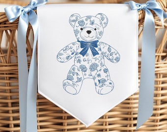 Blue Toile Teddy Bear Embroidery Design: Chinoiserie Nursery Art (Digital File, 4 Sizes)