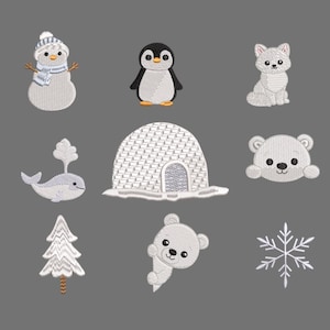 Puede incluir: Diseños bordados con temática invernal sobre un fondo gris. Incluye un muñeco de nieve, un pingüino, un zorro ártico, una ballena, un iglú, un oso polar, un árbol de Navidad, otro oso polar y un copo de nieve. Todos los diseños son blancos con algunos acentos de color.