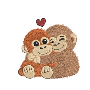 May include: An embroidered design featuring two hugging monkeys with smiling faces. One monkey is orange, the other is brown, and a red heart floats above them. The design is on a white background.