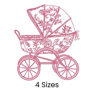 May include: Pink embroidered baby carriage design with floral details. The carriage has a hood, wheels, and a handle. The text "4 Sizes" is at the bottom. This design is suitable for baby-themed crafts.