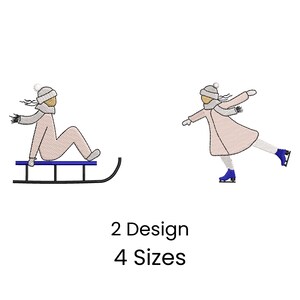 May include: Embroidered design featuring two figures: one seated on a sled and the other ice skating. Both figures are wearing winter clothing. The text "2 Design 4 Sizes" is below the figures.