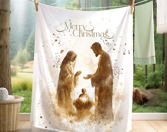 Merry Christmas Blanket, Nativity Gifts, Jesus Home Decor, Nativity Woven Throw Blanket, Cotton Christmas Decor, Sacred Religious Christmas