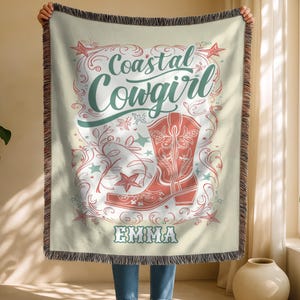Personalized Cowgirl Blankets, Coastal Cowgirl Room Decor, Woven Blankets, Cowgirl Christmas Gifts, Customized Cowgirl Room Decor
