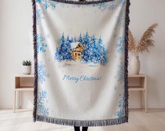 Christmas Cottage Blanket, Christmas Village Fleece Throw, Holiday Home Decor, Christmas Village Woven Blanket, Christmas Gift