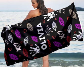 Custom Name Beach Towels, Personalized Dolled up Girl Towels, Glamorous, Girly Girl Towels, Bath And Beach Towels With Names, Lips Towel
