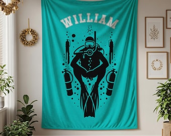 Personalized Scuba Diver Tapestry, Custom Name Fleece Blanket