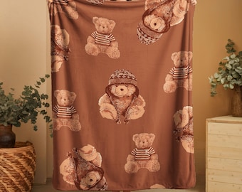 Teddy Bear Sherpa Blanket, Plush Cotton Nursery Blanket, Baby Gift