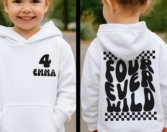Four Ever Wild Birthday Sweatshirt – Personalized 4th Birthday T-Shirt, Custom Name Girl Birthday Hoodie, Birthday Gift for Girls