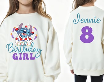 Birthday Girl Stitch Sweatshirt –  Custom Name & Age Tee, Cute Stitch Cake Design, Personalized Birthday Outfit for Girls, Party Shirt Kids