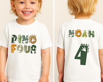 Dino Four Dinosaur 4th Birthday T-Shirt & Sweatshirt – Custom Name and Age Dino Birthday Shirt for Boys and Girls