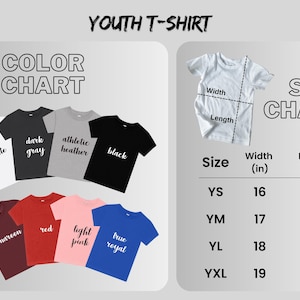 Puede incluir: Imagen de una tabla de colores de camisetas juveniles con camisetas blancas, gris oscuro, gris deportivo, negras, granate, rojas, rosa claro y azul real. Una tabla de tallas muestra las medidas de ancho y largo en cm.