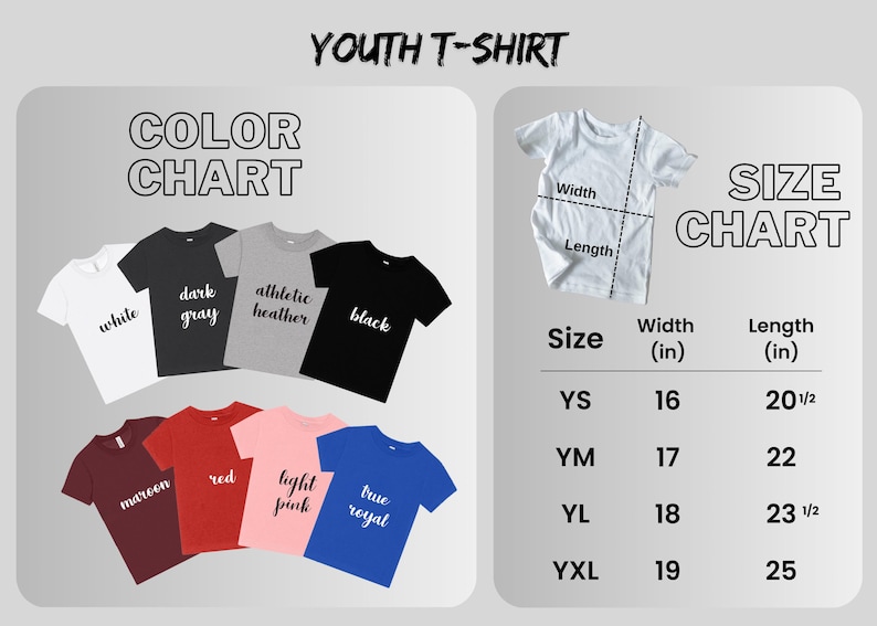 Puede incluir: Imagen de una tabla de colores de camisetas juveniles con camisetas blancas, gris oscuro, gris deportivo, negras, granate, rojas, rosa claro y azul real. Una tabla de tallas muestra las medidas de ancho y largo en cm.